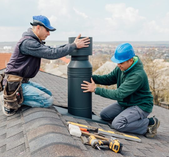 two Professional workmen's setting up chimney